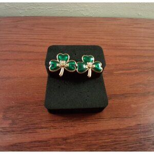 Shamrock Earrings Green Enamel Clover Irish Claddagh Pierced Vintage